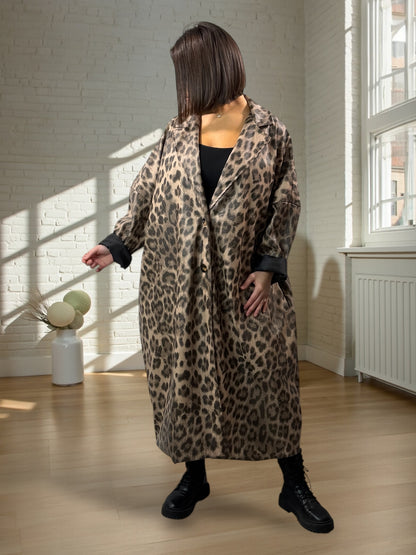 FRANCESCO - MANTEAU IMPERMEABLE OVERSIZE LEOPARD BEIGE JUSQU'A LA TAILLE 58