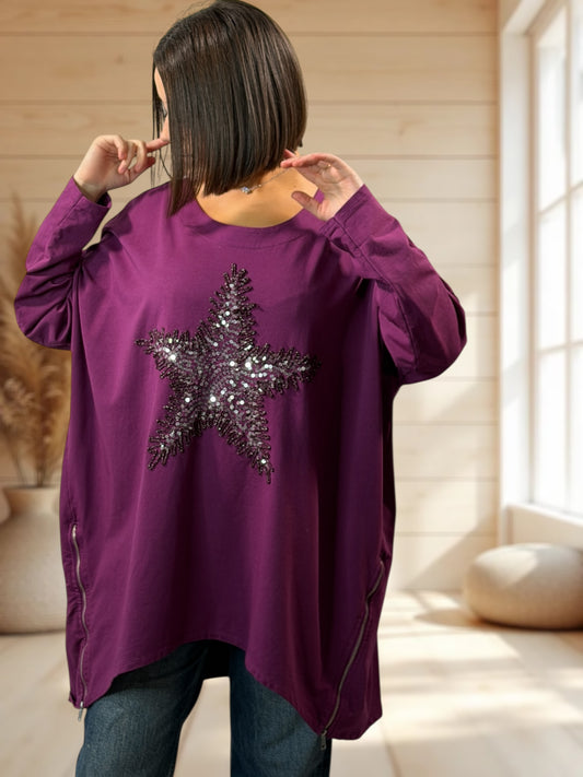 TONY - SWEAT OVERSIZE CYCLAMEN ETOILE EN SEQUINS JUSQU'A LA TAILLE 56