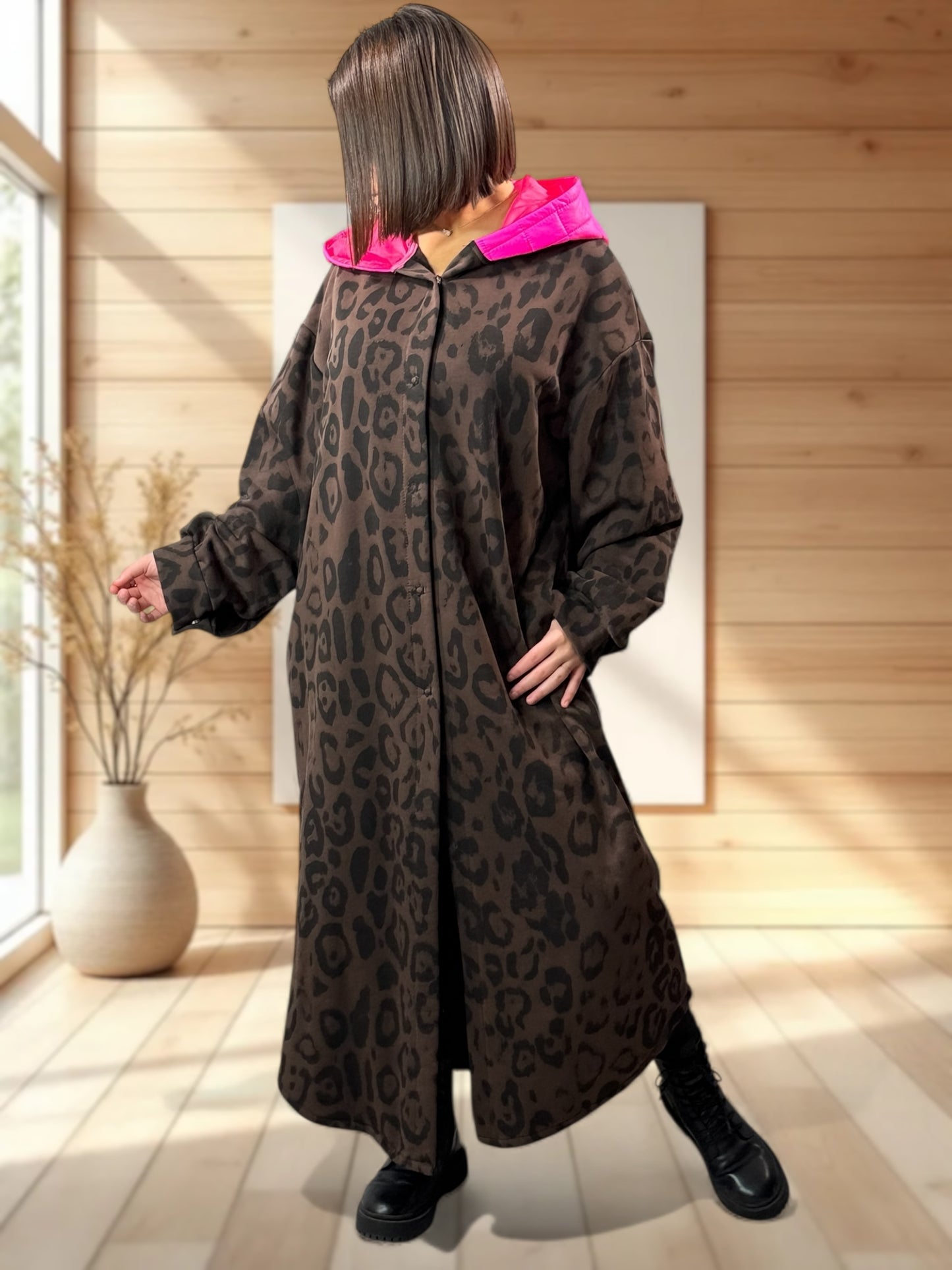 VICTORIA - MANTEAU OVERSIZE LEOPARD A CAPUCHE JUSQU'A LA TAILLE 52