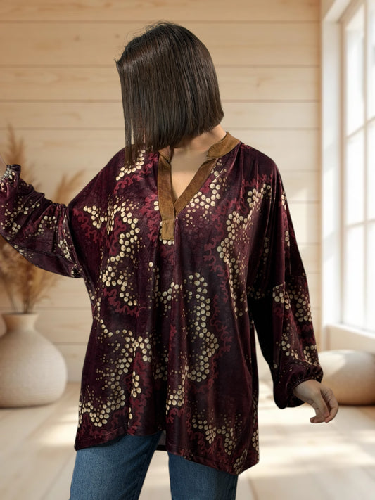 MOLLY  - TUNIQUE PRUNE A MOTIF EN VELOURS STRETCH JUSQU'A LA TAILLE 56