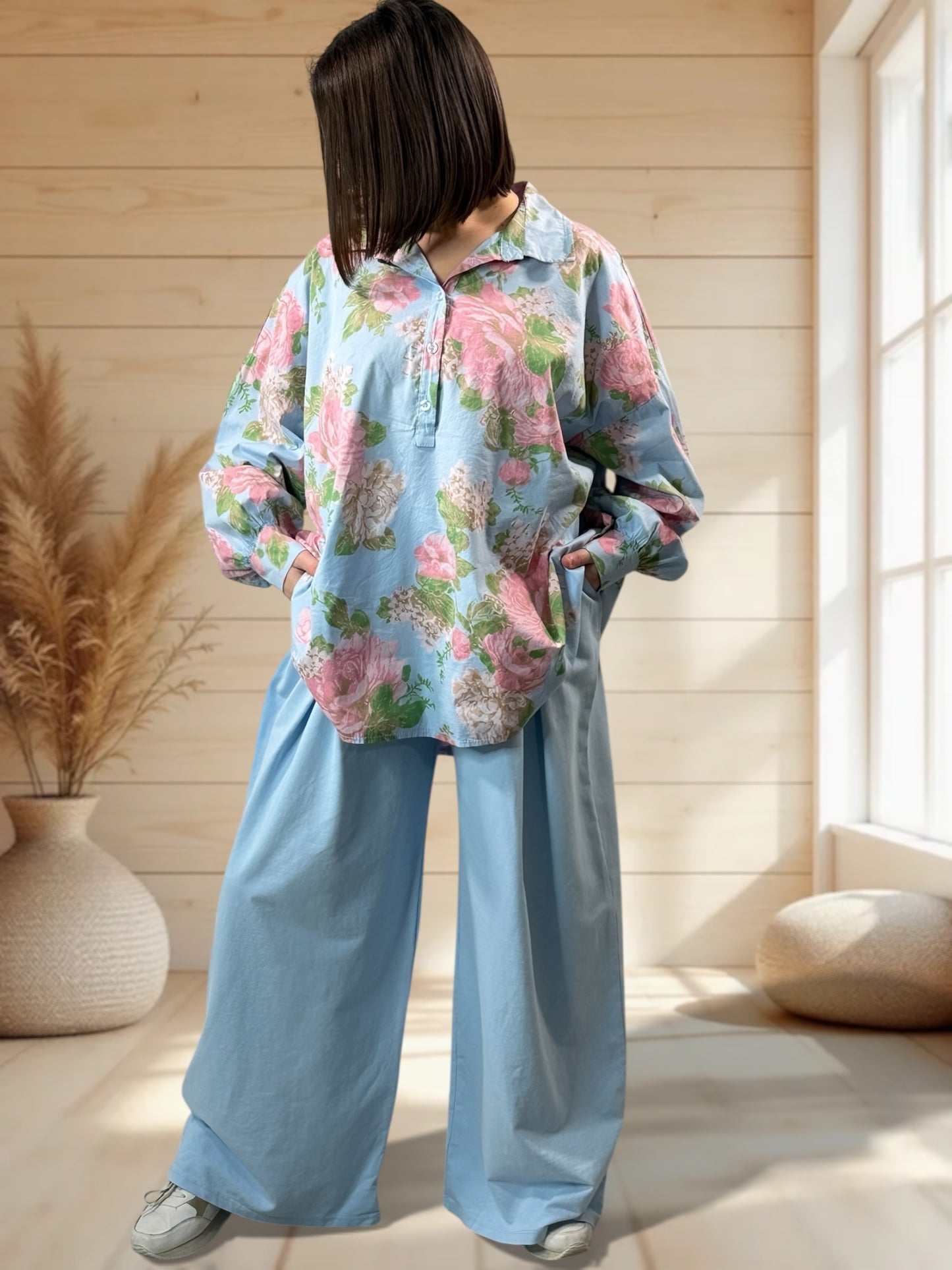 DONATA - PANTALON AMPLE EN COTON BLEU TAILLE 46 A 52