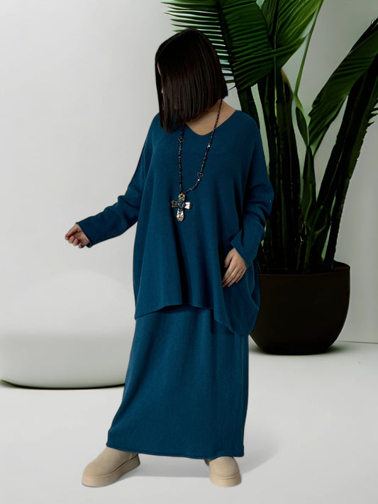 FAUSTINE - ENSEMBLE EN MAILLE BLEU CANARD JUSQU'A LA TAILLE 52/54
