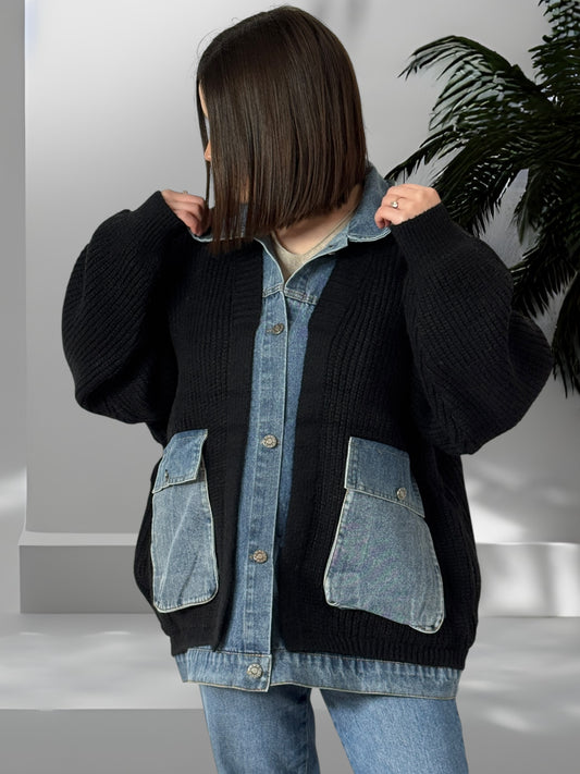 MASSIMO - VESTE NOIRE OVERSIZE AVEC JEAN JUSQU'A LA TAILLE 54
