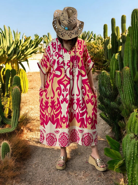 LALY - ROBE OVERSIZE MOTIF FUCHSIA JUSQU'A LA TAILLE 54