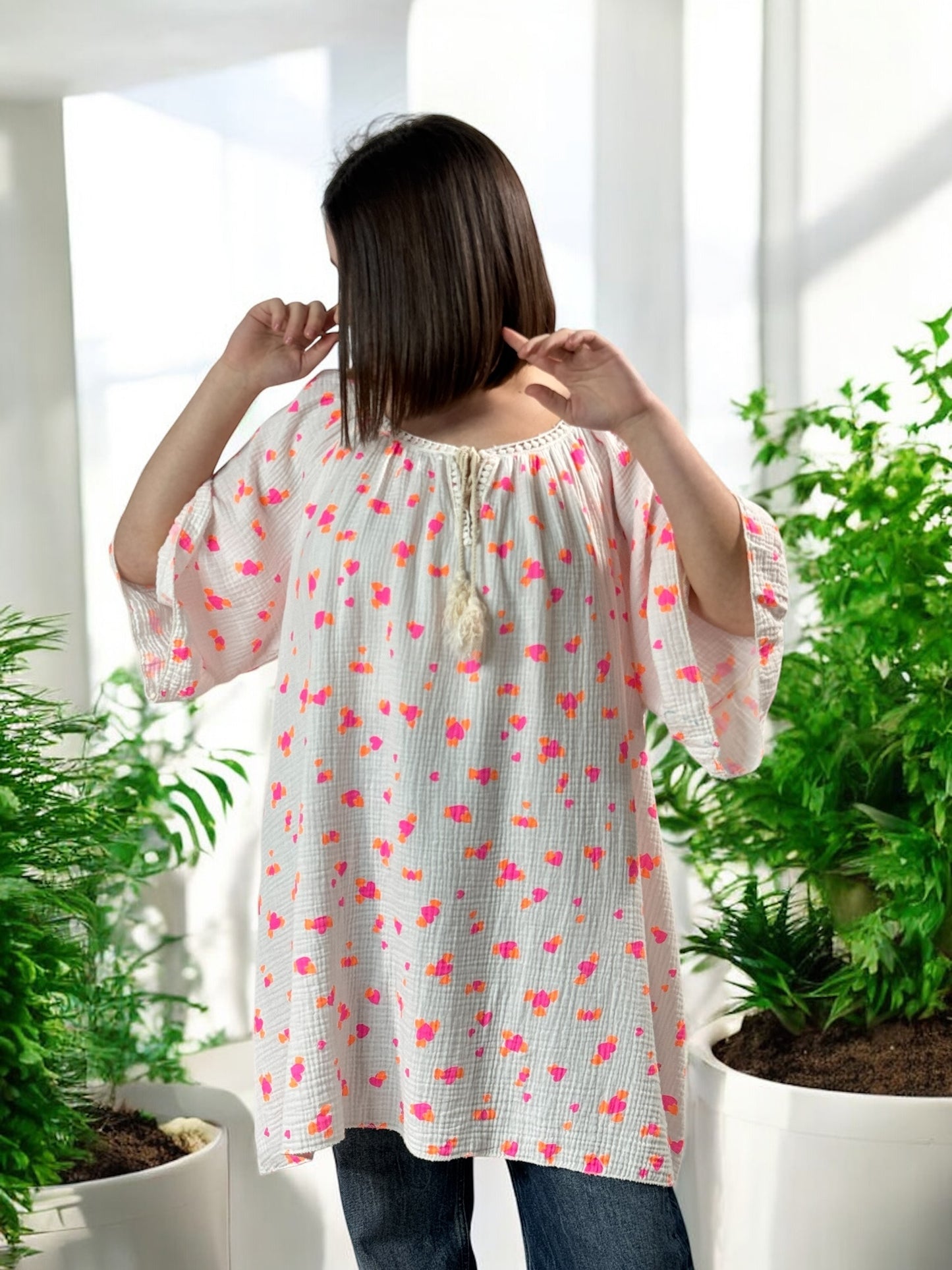 LUCIA - BLOUSE OVERSIZE COEUR FUCHSIA EN COTON JUSQU'A LA TAILLE 56