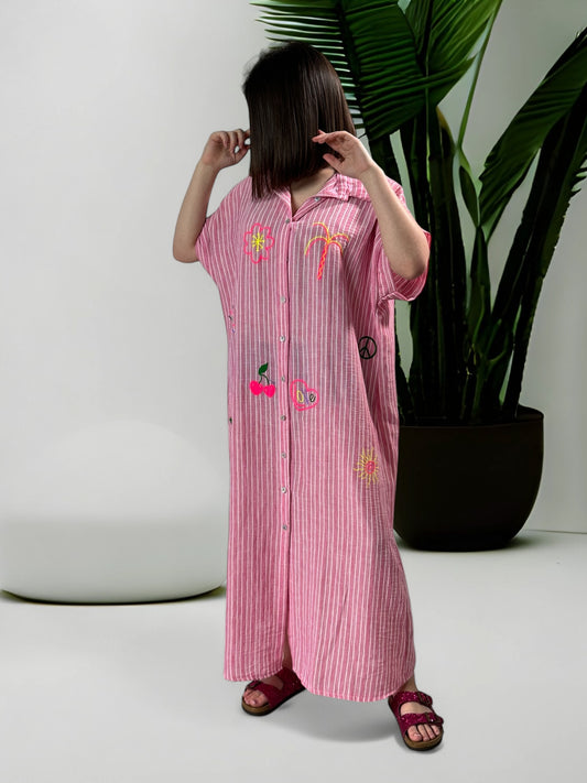 SOPHIE - ROBE CHEMISE OVERSIZE RAYURE ROSE JUSQU'A LA TAILLE 48