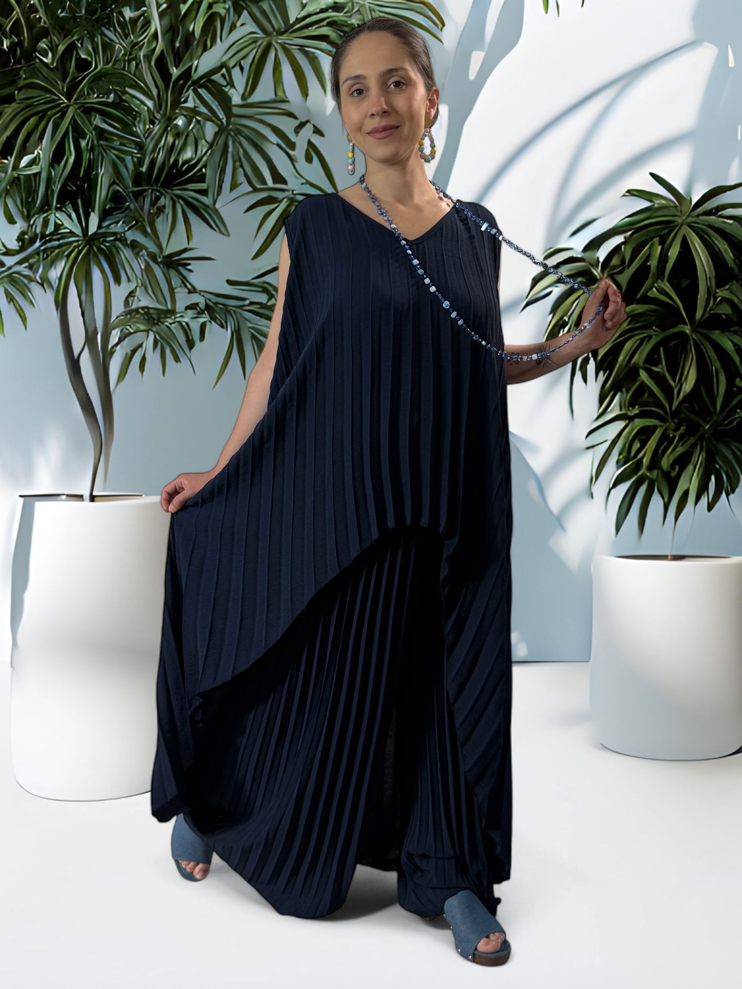 COCKTAIL - ENSEMBLE MARINE TUNIQUE ET PANTALON  OVERSIZE JUSQU'A LA TAILLE 56