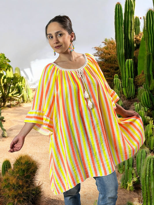 LILOU - BLOUSE OVERSIZE A RAYURE ORANGE EN COTON JUSQU'A LA TAILLE 56