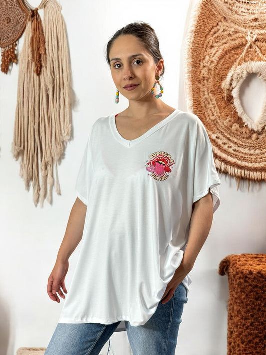 BILLIE - T-SHIRT BLANC EN VISCOSE AVEC MOTIF JUSQU'A LA TAILLE 56/58
