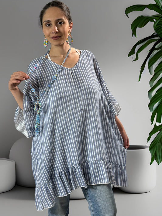 NELLY - TUNIQUE EN COTON A RAYURE BLEUE JUSQU'A LA TAILLE 52/54