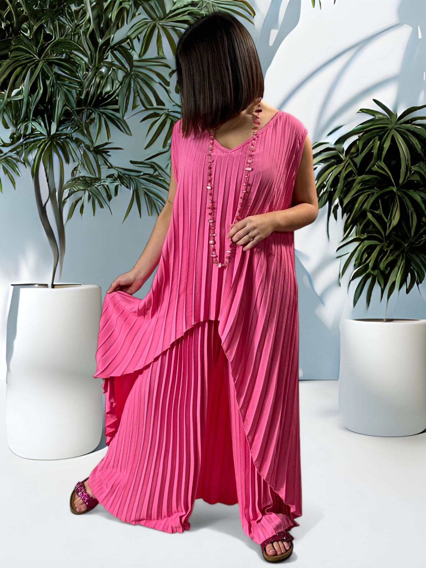 COCKTAIL - ENSEMBLE ROSE TUNIQUE ET PANTALON  OVERSIZE JUSQU'A LA TAILLE 56
