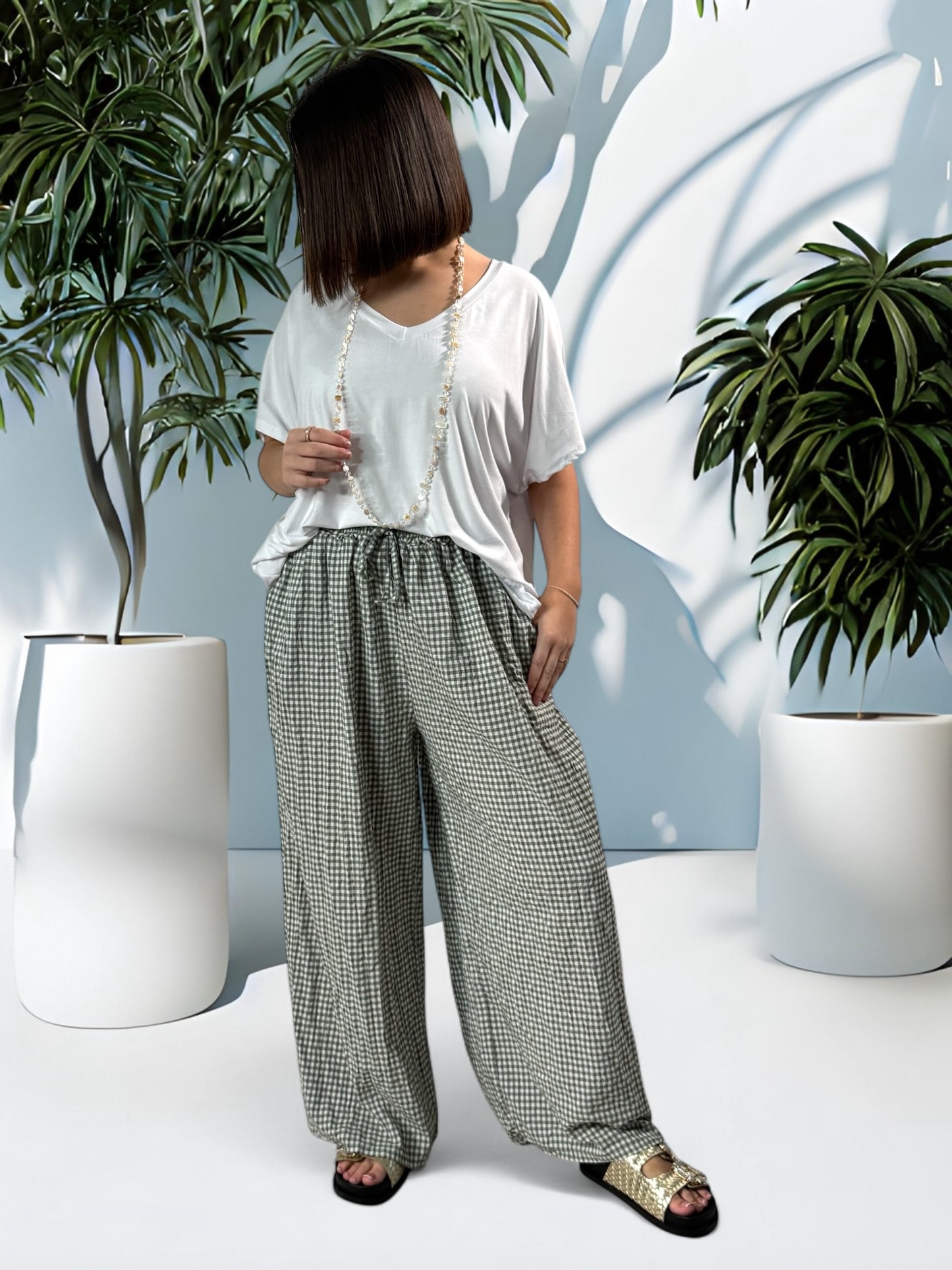 LEO - PANTALON VICHY KAKI JUSQU'A 50