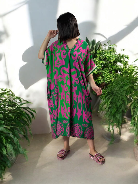 LALY - ROBE OVERSIZE MOTIF FUCHSIA JUSQU'A LA TAILLE 54