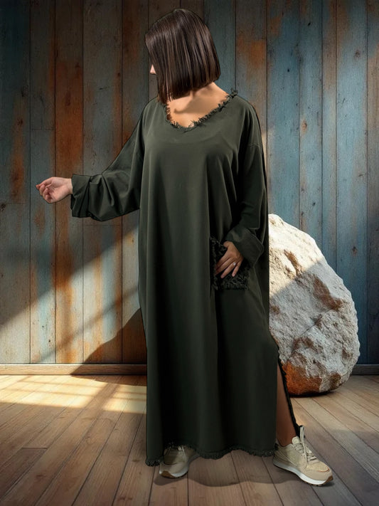 SALOME - ROBE OVERSIZE KAKI POCHE LEOPARD JUSQU'A LA TAILLE 58