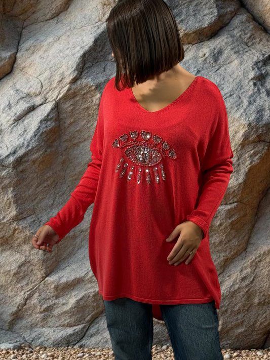 FREEDOM - PULL ROUGE EN MAILLE FLUIDE OEIL EN SEQUINS JUSQU'A LA TAILLE 52