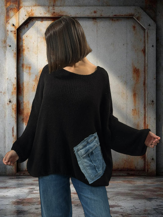 MICHOU - PULL OVERSIZE NOIR POCHE EN JEAN JUSQU'A LA TAILLE 56