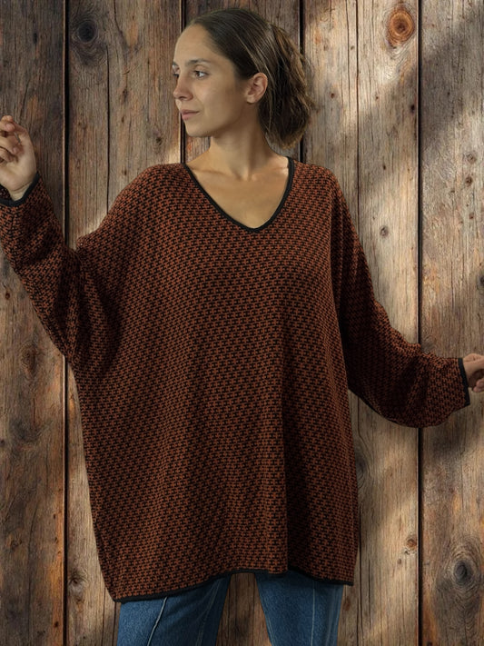 PABLO - PULL EN MAILLE A MOTIF ROUX JUSQU'A LA TAILLE 56