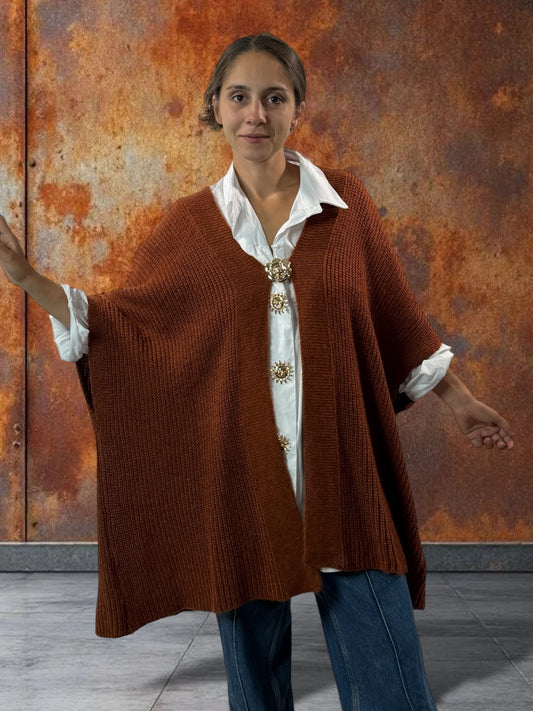 BELINDA - GILET OVERSIZE ROUX AVEC SA BROCHE JUSQU'A LA TAILLE 60