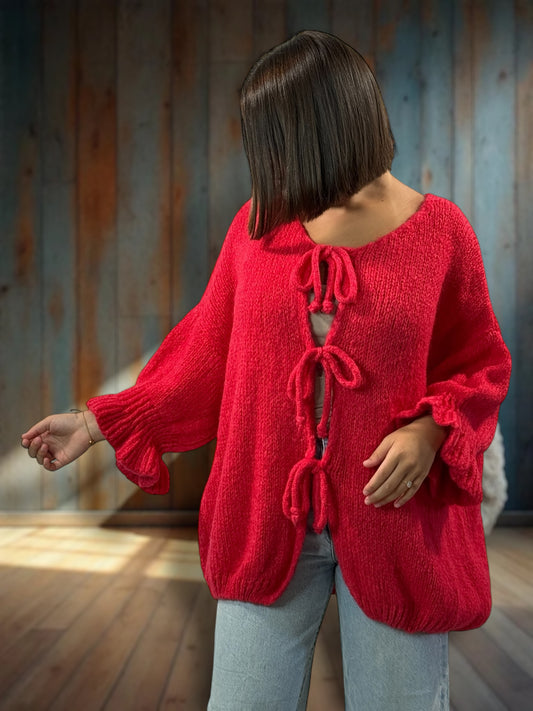 BERENGERE - GILET OVERSIZE ROUGE AVEC NOEUDS JUSQU'A LA TAILLE 52/54