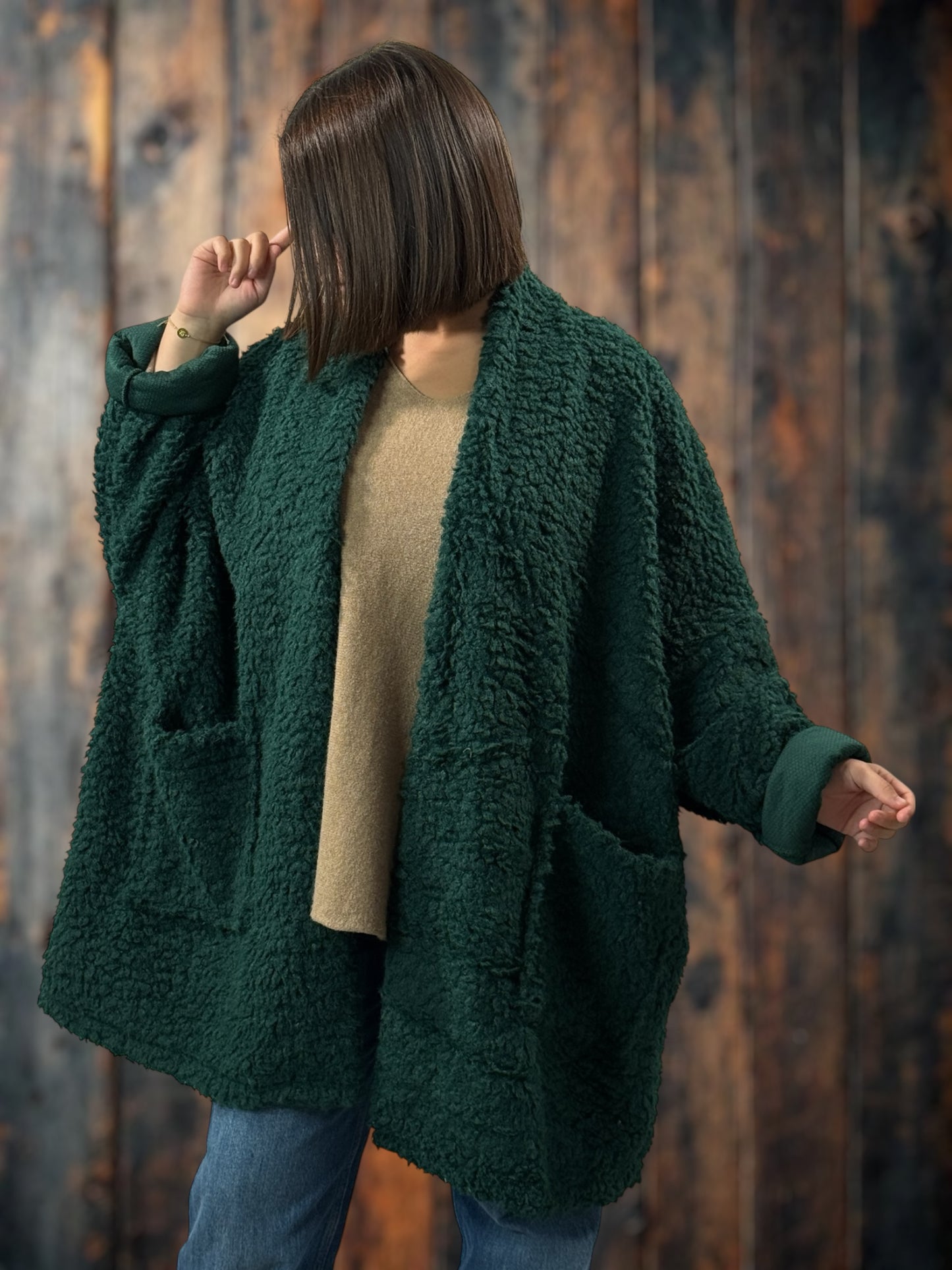 LILIROSE - VESTE OVERSIZE VERTE EN MOUMOUTE JUSQU'A LA TAILLE 56/58
