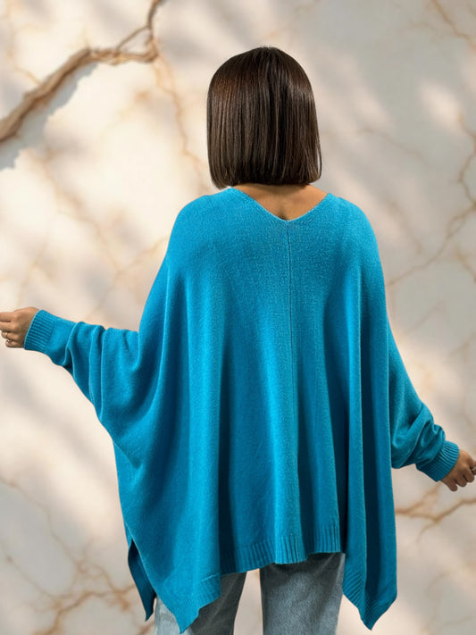 MATHILDE - GILET OVERSIZE BLEU LAGON JUSQU'A LA TAILLE 56/58