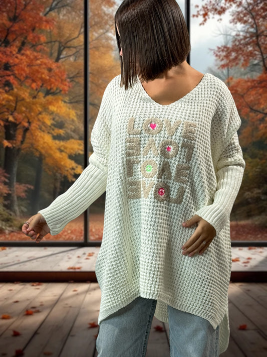 LOVELY - PULL OVERSIZE BLANC CASSE JUSQU'A LA TAILLE 56/58
