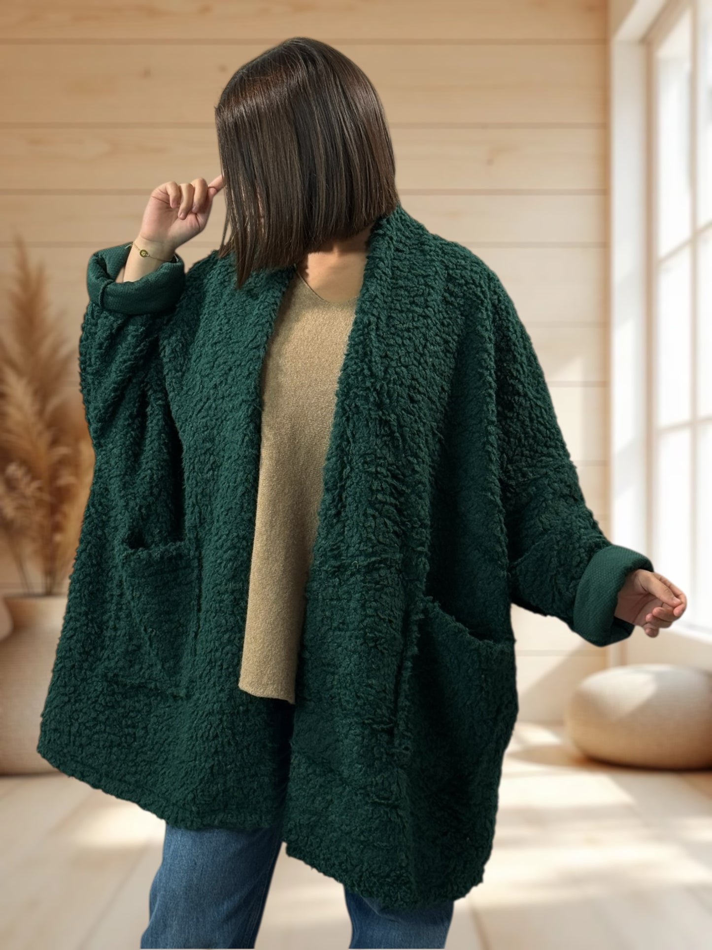 LILIROSE - VESTE OVERSIZE VERTE EN MOUMOUTE JUSQU'A LA TAILLE 56/58