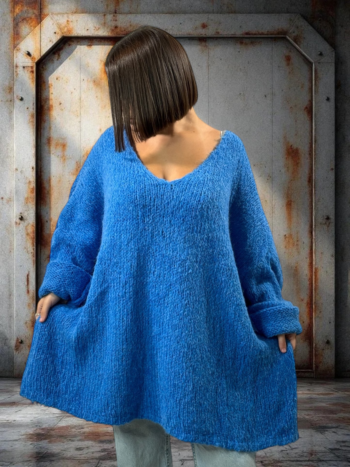 LUCKY - PULL BLEU OVERSIZE JUSQU'A LA TAILLE 56/58