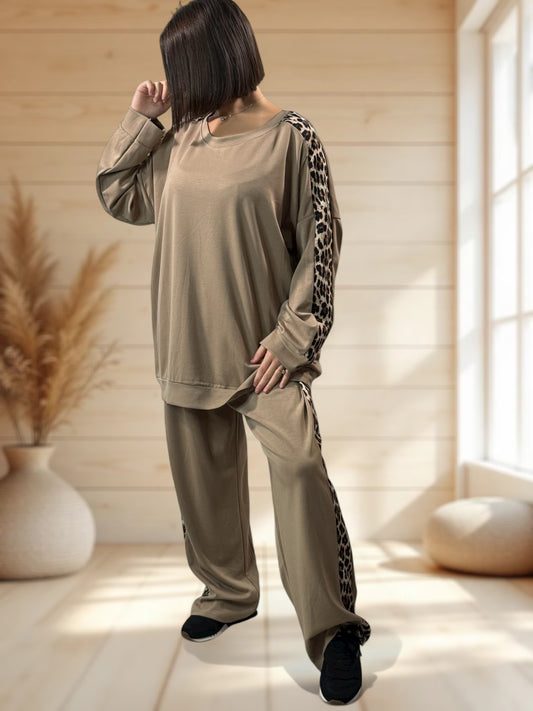 LEONARDO - ENSEMBLE BEIGE BANDE LEOPARD JUSQU'A LA TAILLE 52/54