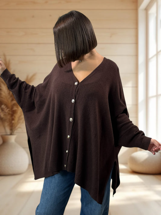 MATHILDE - GILET OVERSIZE MARRON JUSQU'A LA TAILLE 56/58