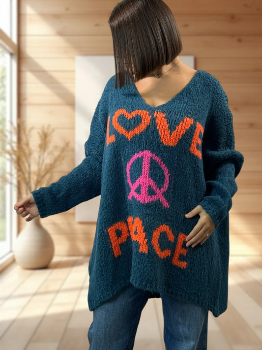 LUCKY - PULL BLEU OVERSIZE PEACE & LOVE JUSQU'A LA TAILLE 56/58