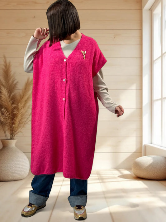 UGO - LONG GILET OVERSIZE FUCHSIA JUSQU'A LA TAILLE 56/58