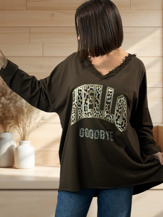 SANTIAGO - TOP MARRON EN COTON LOGO LEOPARD JUSQU'A LA TAILLE 56