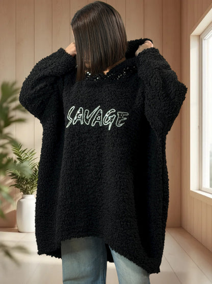 SAVAGE - PULL OVERSIZE NOIR CAPUCHE EN SEQUINS JUSQU'A LA TAILLE 56/58