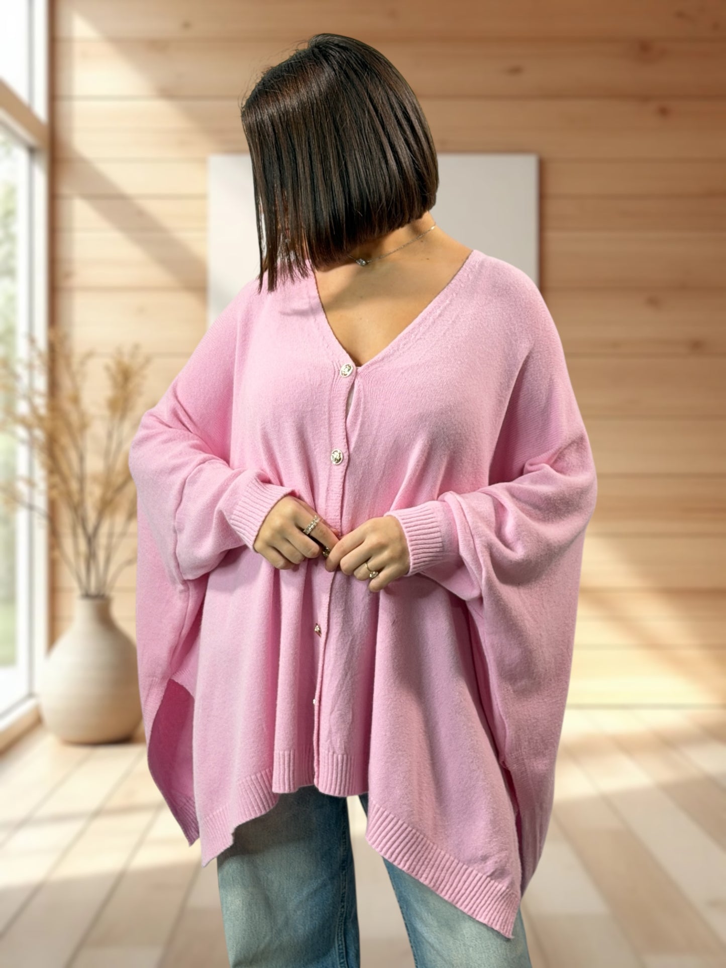 MATHILDE - GILET OVERSIZE ROSE JUSQU'A LA TAILLE 56/58