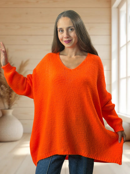 RICKOU - PULL OVERSIZE ORANGE MOTIF SOLEIL JUSQU'A LA TAILLE 56