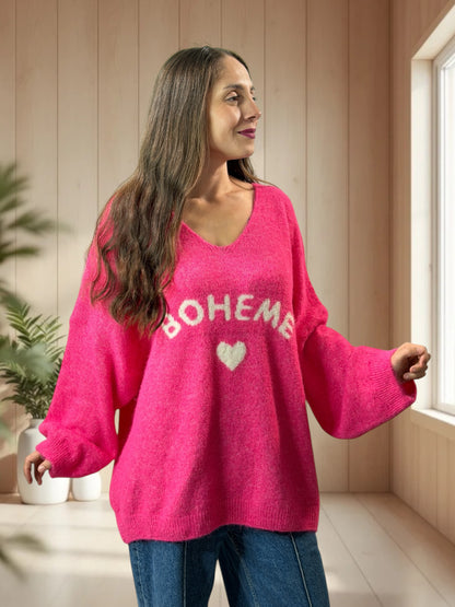 CLAUDIO - PULL FUCHSIA LOGO BOHEME JUSQU'A LA TAILLE 54/56
