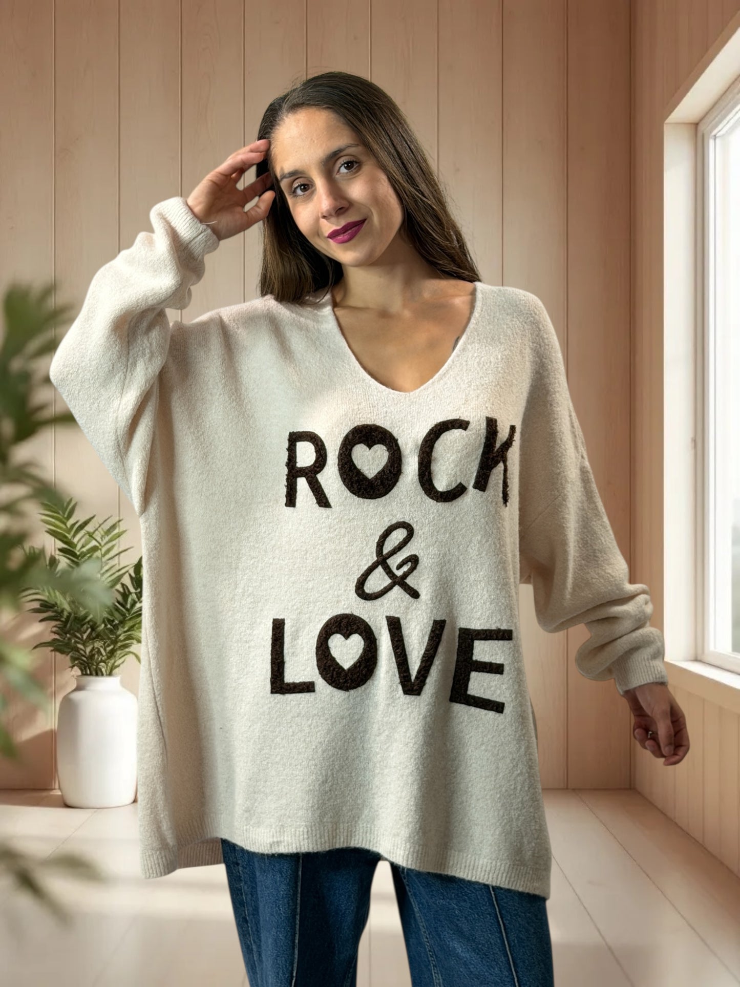 MICK - PULL OVERSIZE BEIGE AVEC ALPAGA JUSQU'A LA TAILLE 56