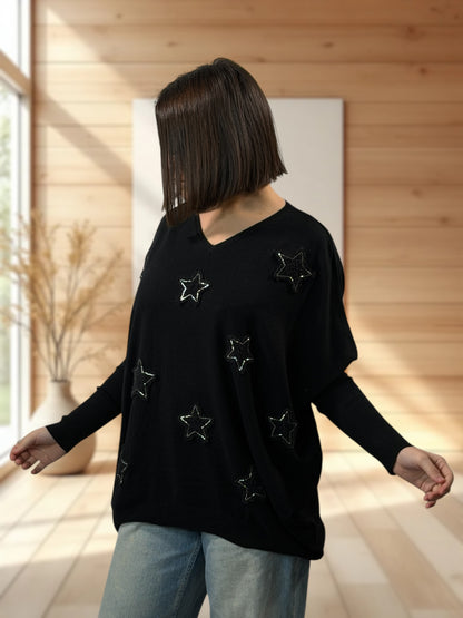 FLOCON - PULL NOIR ETOILE ET PERLE JUSQU'A LA TAILLE 52/54
