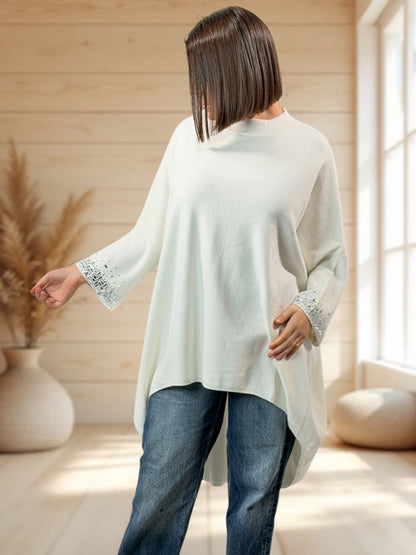 CORALINE - PULL OVERSIZE BLANC AVEC STRASS JUSQU'A LA TAILLE 56