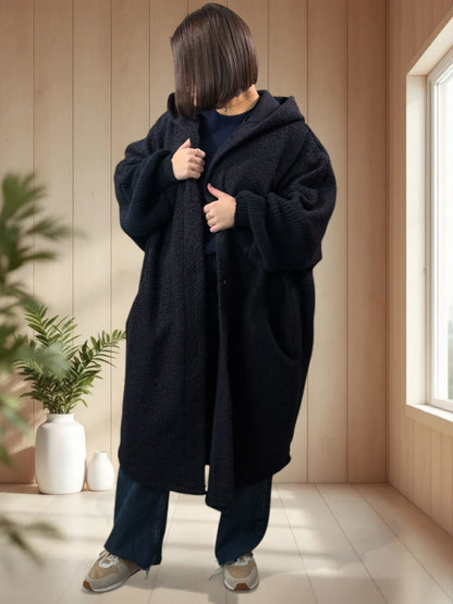 VIRGINIE - MANTEAU OVERSIZE MARINE A CAPUCHE JUSQU'A LA TAILLE 54