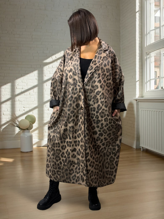 FRANCESCO - MANTEAU IMPERMEABLE OVERSIZE LEOPARD BEIGE JUSQU'A LA TAILLE 58