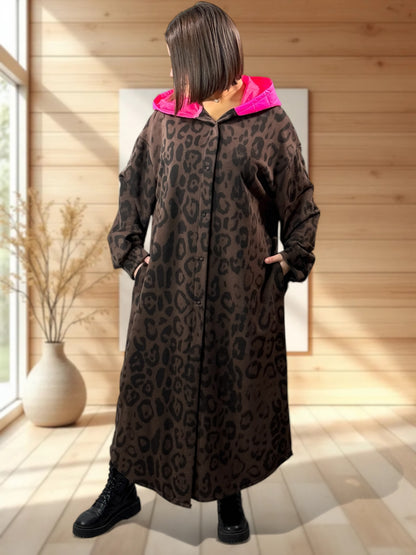 VICTORIA - MANTEAU OVERSIZE LEOPARD A CAPUCHE JUSQU'A LA TAILLE 52