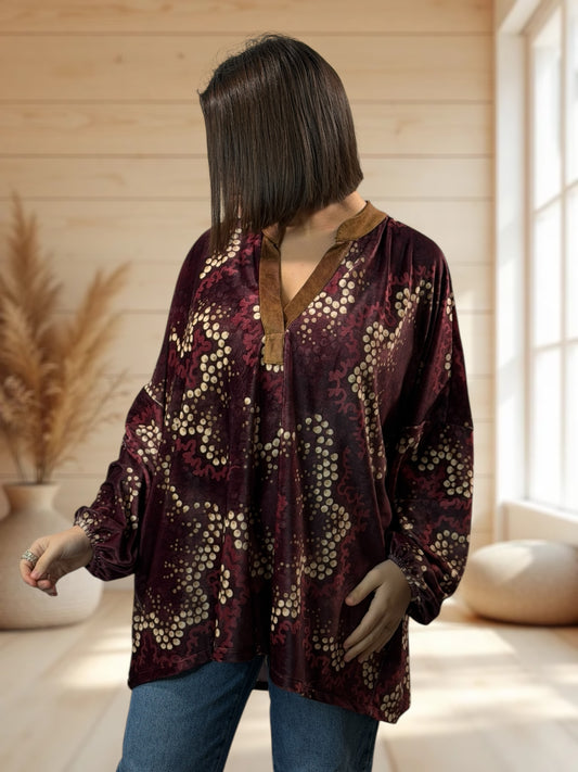 MOLLY  - TUNIQUE PRUNE A MOTIF EN VELOURS STRETCH JUSQU'A LA TAILLE 56