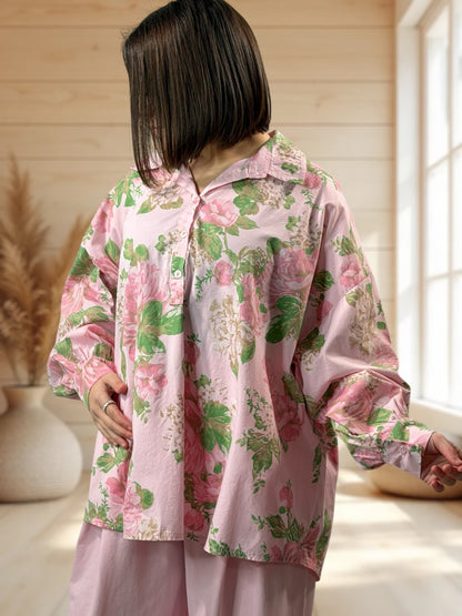 DONATELLA - BLOUSE ROSE A FLEUR JUSQU'A LA TAILLE 54