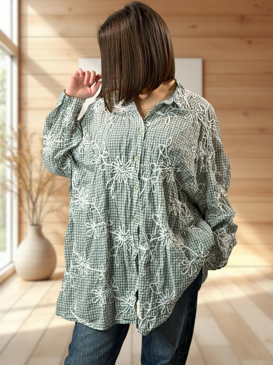 NINA - CHEMISE OVERSIZE VICHY KAKI JUSQU'A LA TAILLE 52