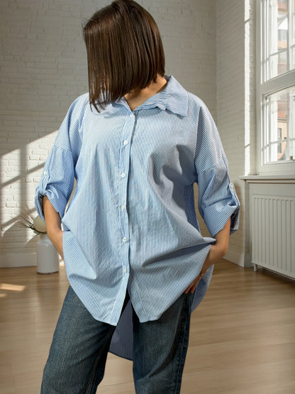 EMMA - CHEMISE OVERSIZE BLEU CIEL A RAYURE JUSQU'A LA TAILLE 52/54