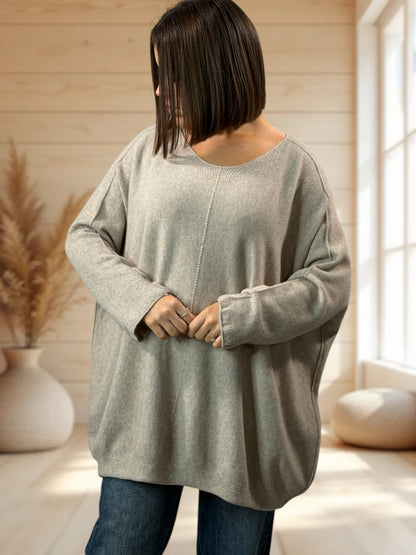 ANOUSHKA - PULL OVERSIZE TAUPE JUSQU'A LA TAILLE 56/58