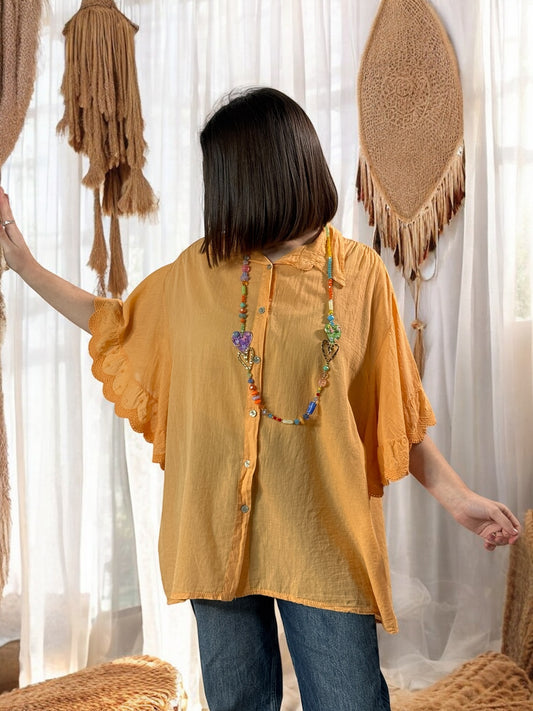 ANASTASIA - BLOUSE OVERSIZE ORANGE EN COTON JUSQU'A LA TAILLE 52/54