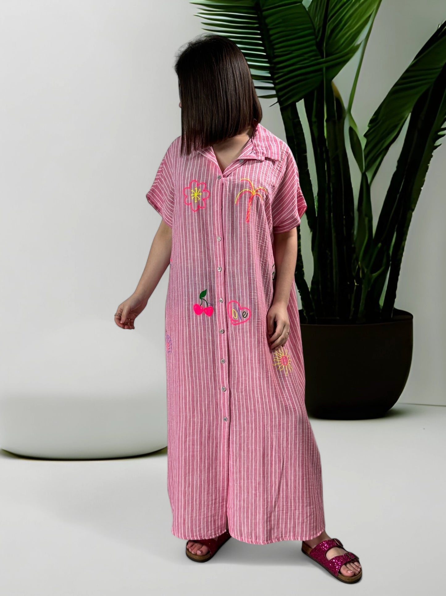SOPHIE - ROBE CHEMISE OVERSIZE RAYURE ROSE JUSQU'A LA TAILLE 48
